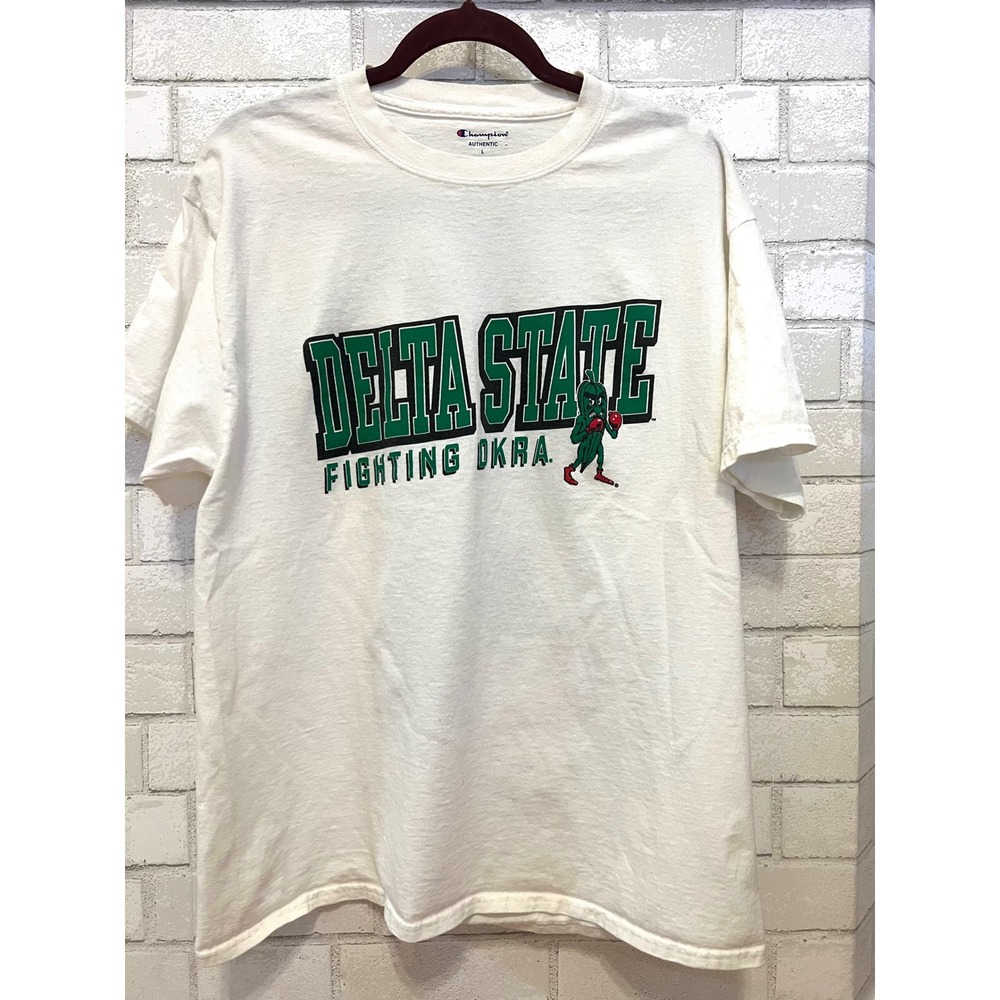 Champion Delta State Fighting Okra‎ Graphic T-Shirt Mens Large White Mascot Tee